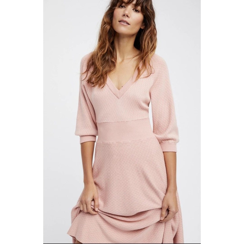 Free People Sweater Dress Womens Large Pink V-Neck Dolman Sleeve Midi Balletcore